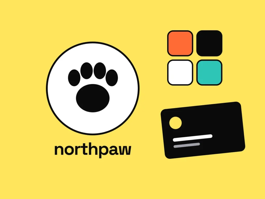 Brand identity board for Northpaw, a fictional pet food brand: logo, colors and business card