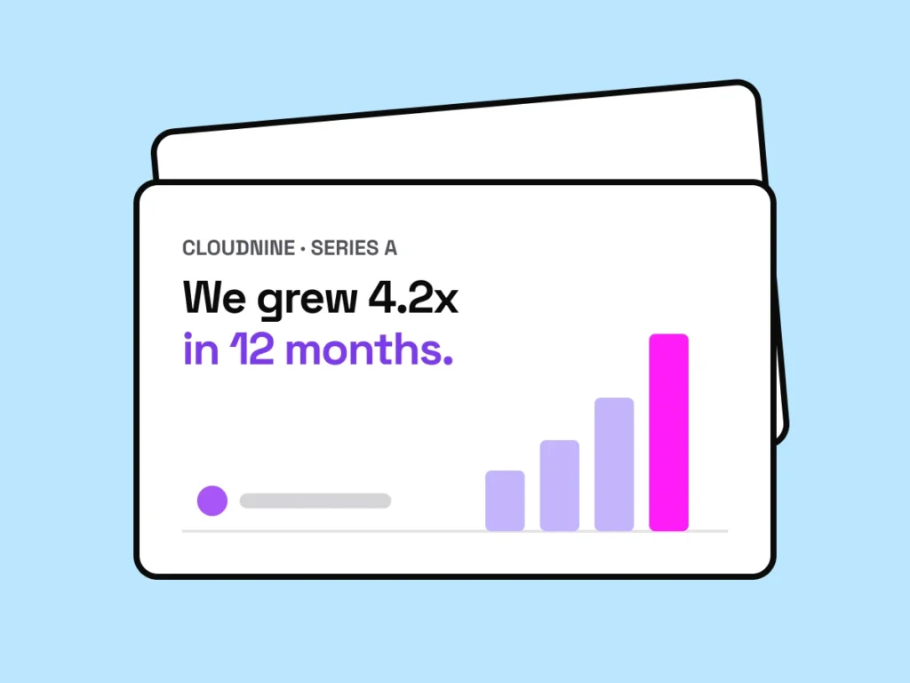 Investor pitch deck slides for Cloudnine, a fictional startup, with a growth chart