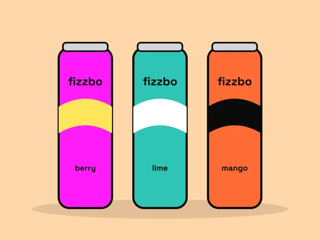 Soda can packaging for Fizzbo, a fictional drink brand, in three flavors